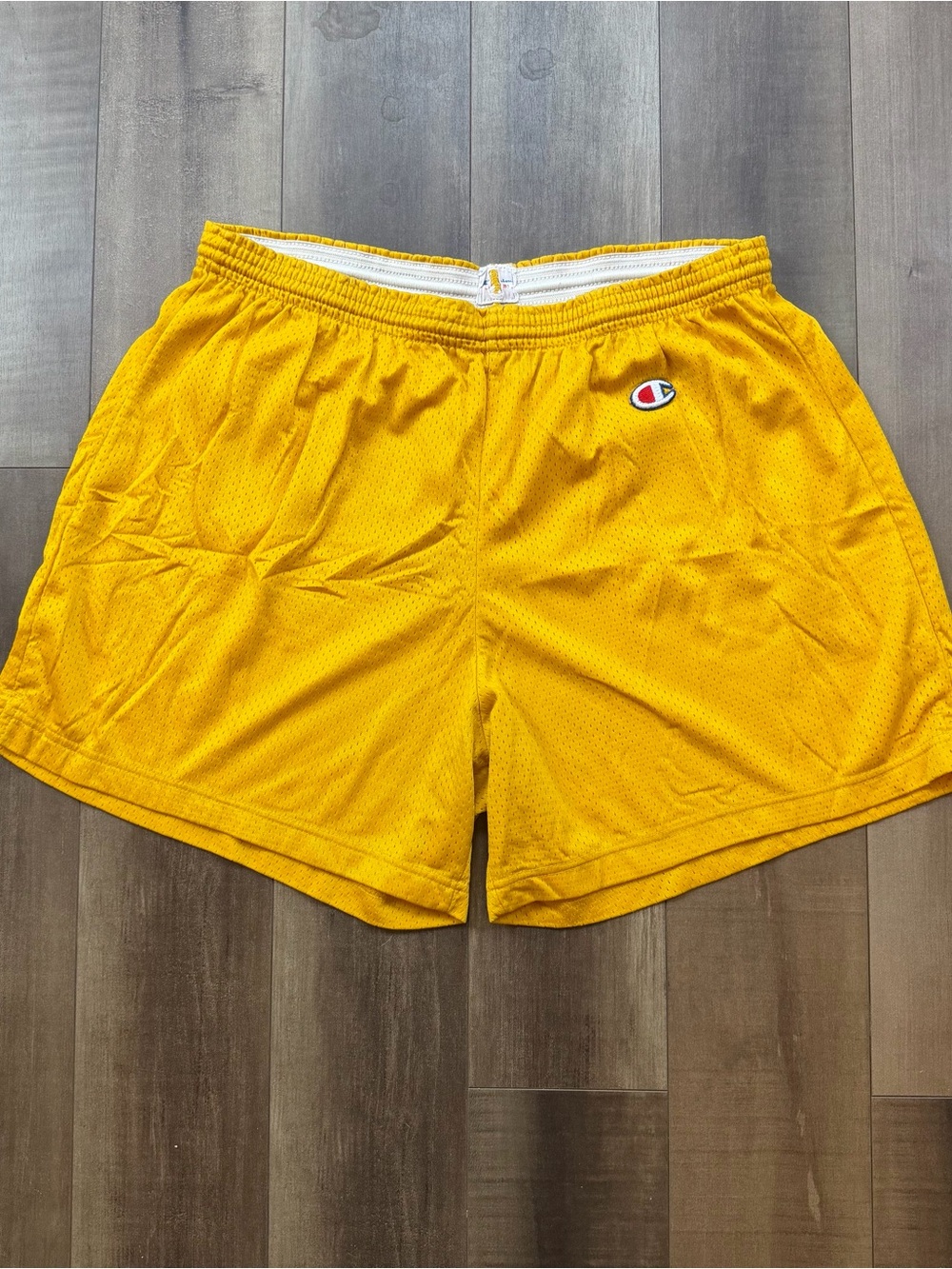 Vintage Champion Crunch Gear Workout Gym Mesh Shorts Size Large Yellow
